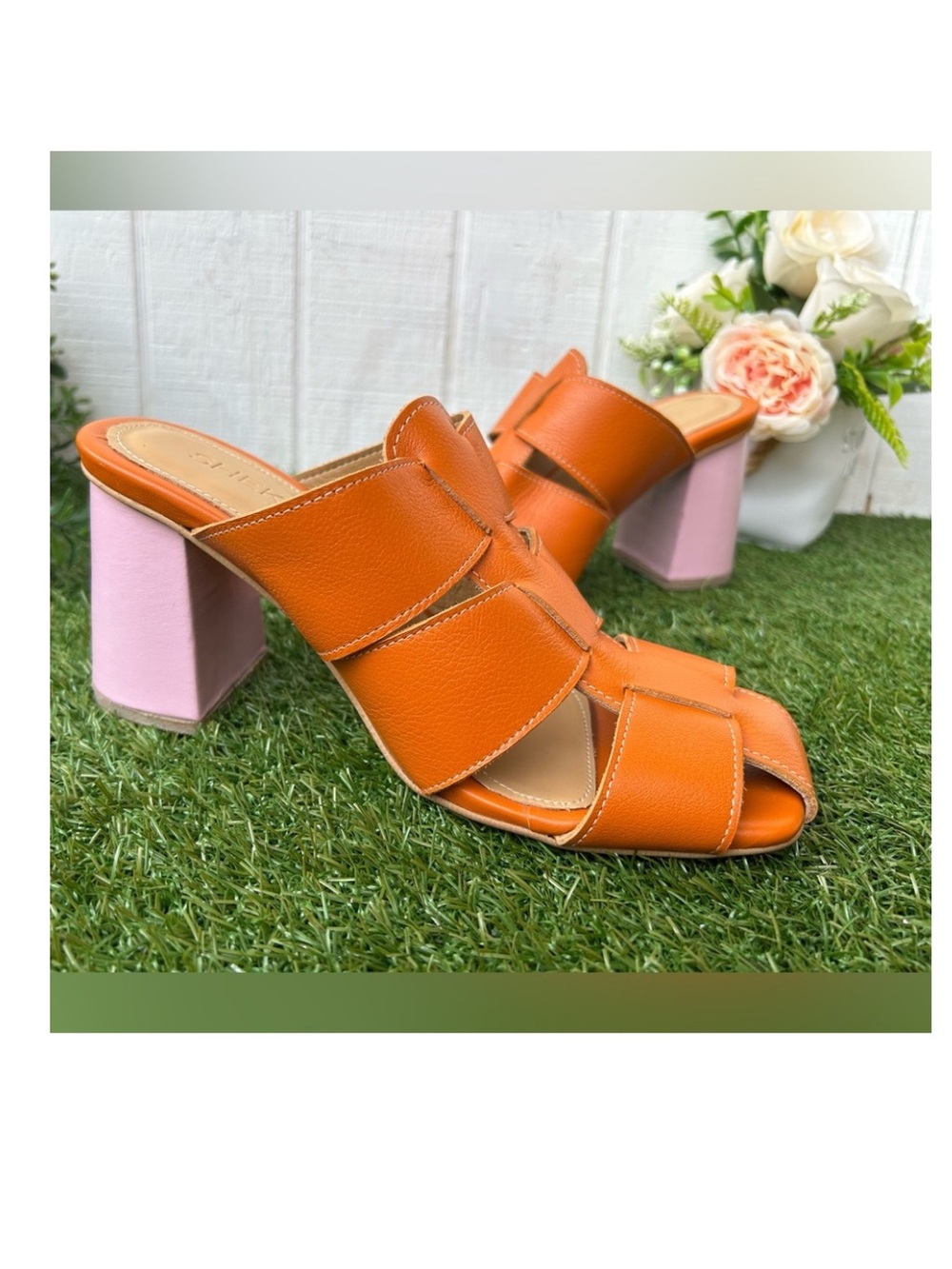 SHEKUDO leather Waratah
Block Heel Sandal Size 9 NEW (orange/lilac) 3 3/4" heel